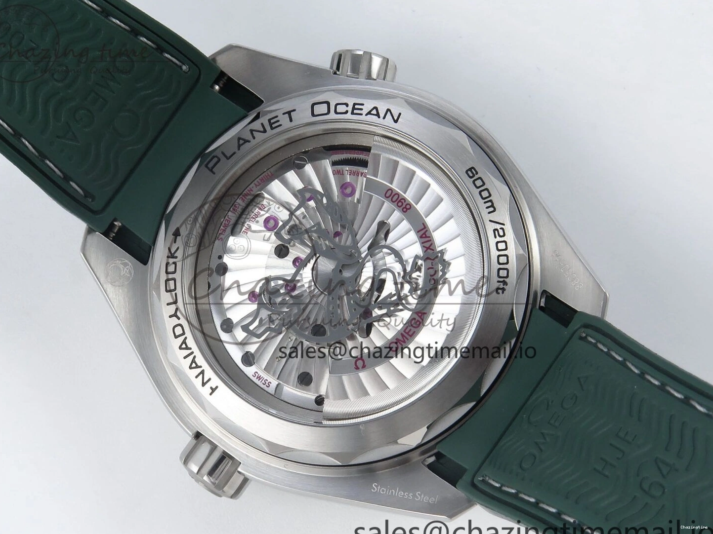 0401 Bold Seamaster Planet Ocean 600M 43.5mm SS SCF 1:1 Best Edition Green Bezel Gray Dial on Green Rubber Strap A8900 Super Clone 7666